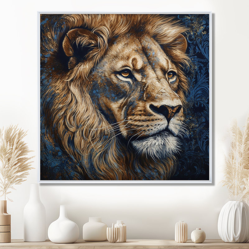 Majestic lion III - décoration murale lion, 44" H x 44" W, Cadre flottant blanc