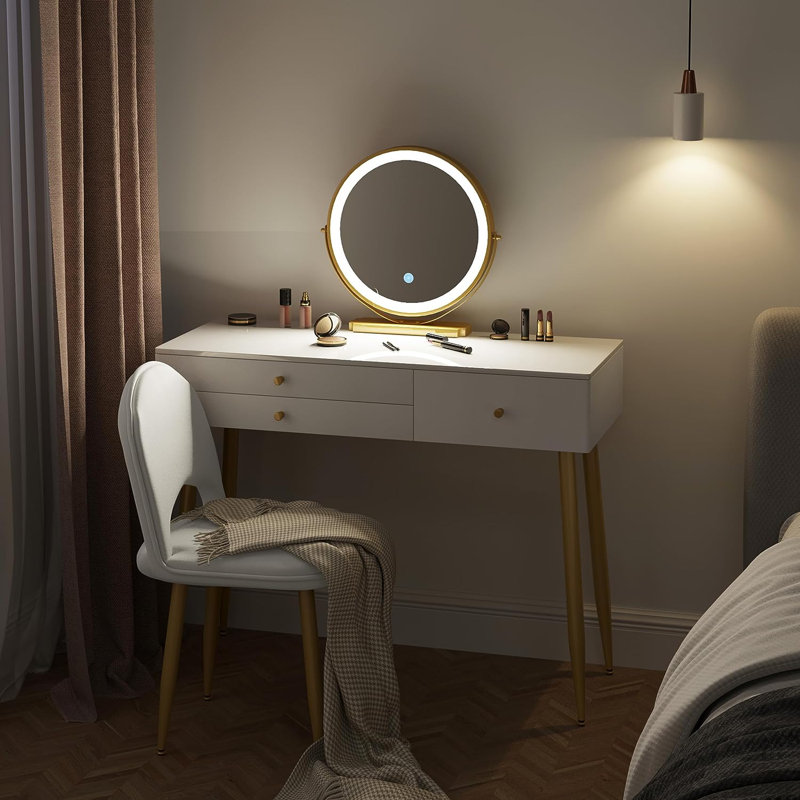 Etchemin Dressing Table with Mirror, White/Gold