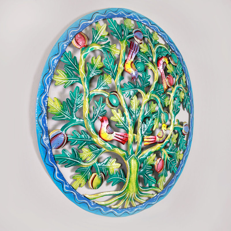 Décoration murale tambour en acier vibrant arbre fruitier avec oiseaux perchés