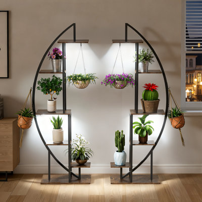 Support pour plante d'intérieur avec lumières de croissance, grande tablette à 6 niveaux, support de plante en métal 63 po pour plantes d'intérieur multiples, support de plante en demi-lune, support à plante 2 pièces pour le salon