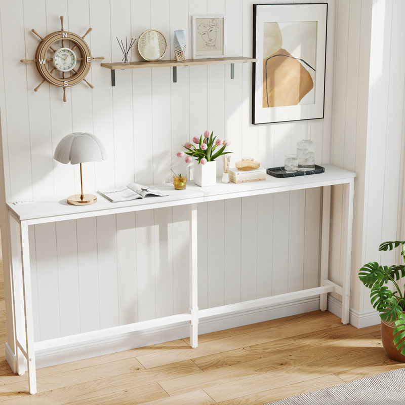 Console Table with Outlet, 71 Inch Sofa Table with Charging Station, 31.5" H x 71" W x 8" D, White