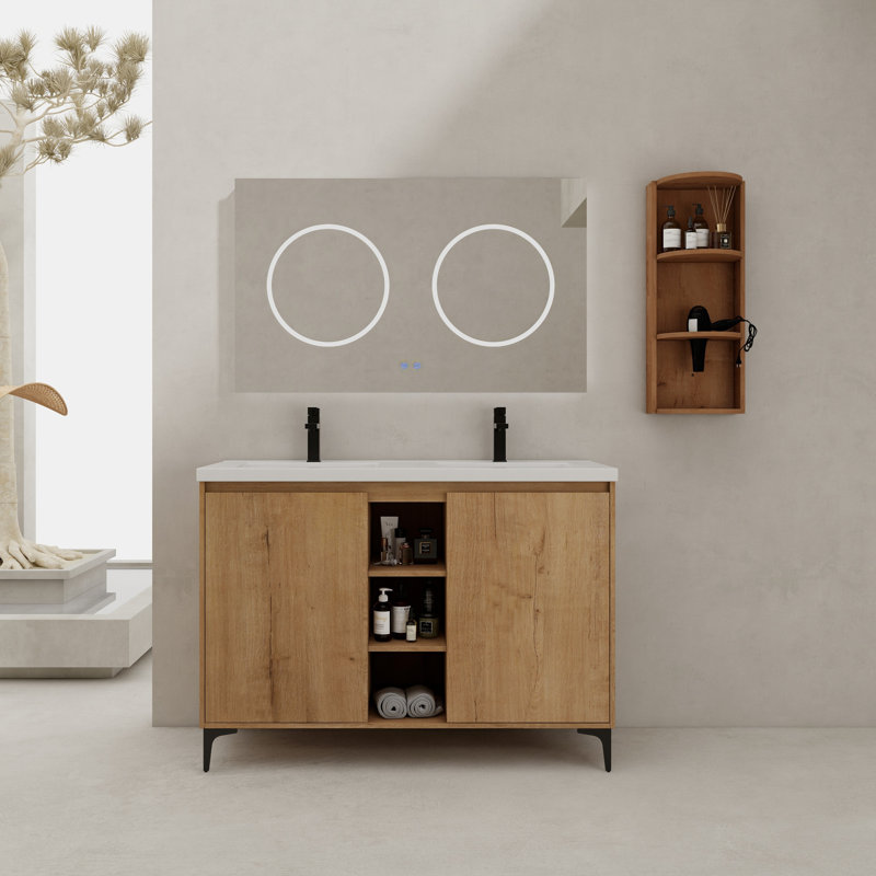 Meuble-lavabo autoportant 48 po avec lavabo double et support de rangement, portes à fermeture douce, meuble-lavabo