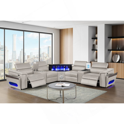 Canapé modulaire Nova avec 2 consoles (lampe de lecture + réfrigérateur), coin avec haut-parleur Bluetooth, DEL et armoire à vin relevable - gris