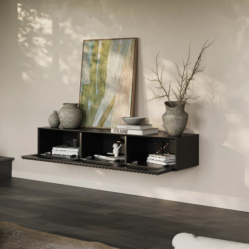 Modern Floating TV Stand, Fully-Assembled, Black, 11.02"H x 62.99"W x 15.75"D