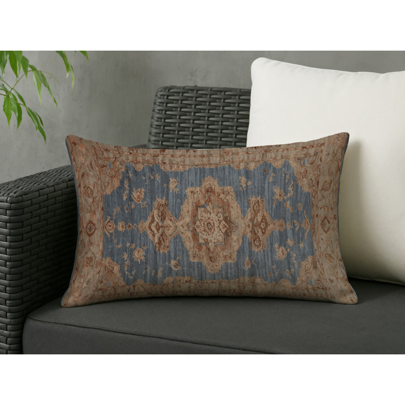 Coussin décoratif intérieur et extérieur Modern, Denim bleu / brun clair / beige damassé 3, Rectangle H 25 po x l 18 po