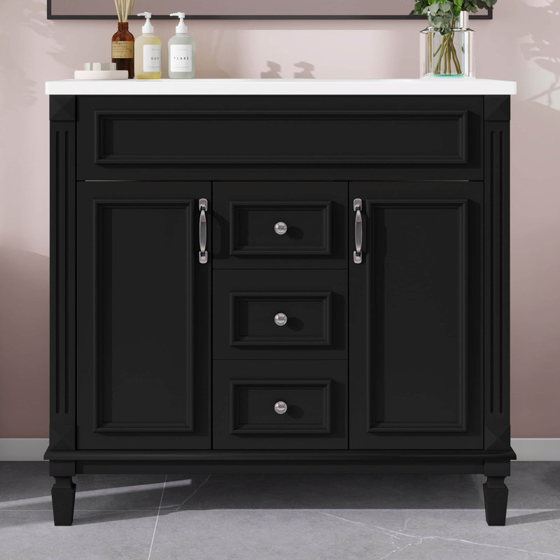 Meuble-lavabo 36 po avec lavabo supérieur, 2 portes à fermeture douce et 2 tiroirs, meuble-lavabo simple sur pied, Noir