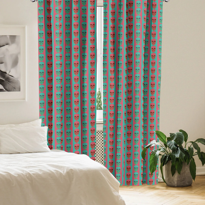 Jade Green and Magenta Skull Pattern Rod Pocket Curtains, 28" x 84"