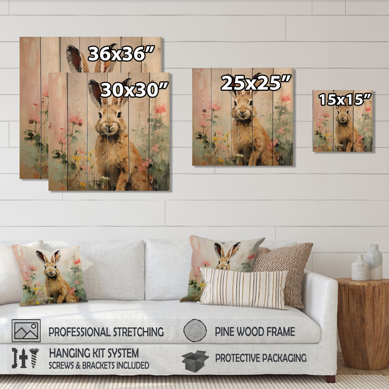 Curious Floral Rabbit Meadow III - Rabbit Animal On Wood Print, 25" H x 25" W