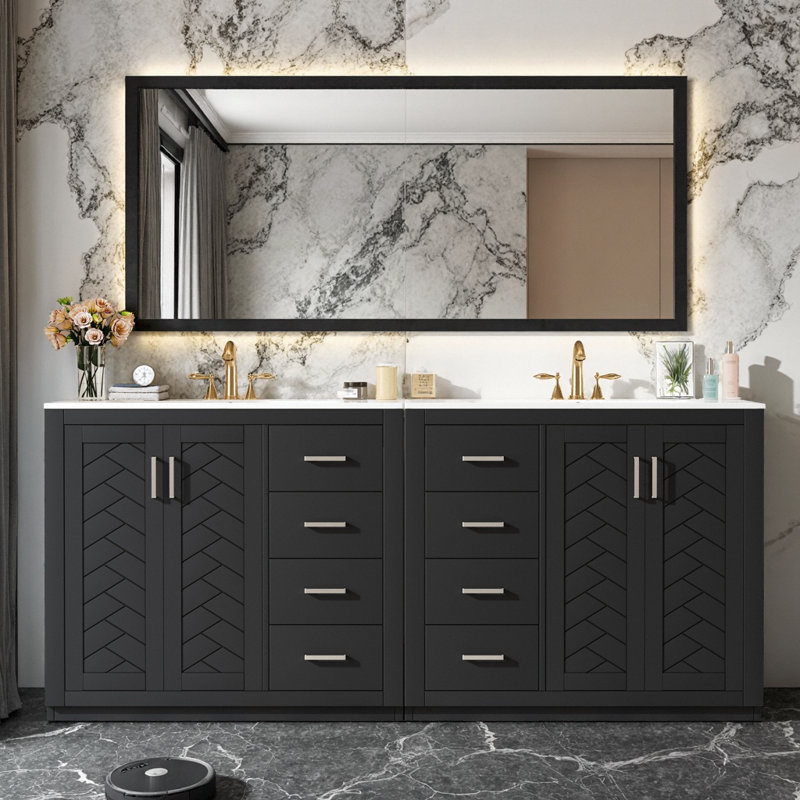 Ensemble de meuble-lavabo autoportant 72 po avec lavabo en céramique, armoire de rangement noire 72 po, Noir