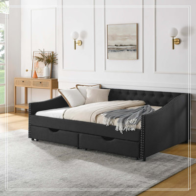 Full Size Daybed with Drawers Upholstered Tufted Sofa Bed, with Button on Back and Copper Nail on Waved Shape Arms (80.5"x55.5"x27.5")