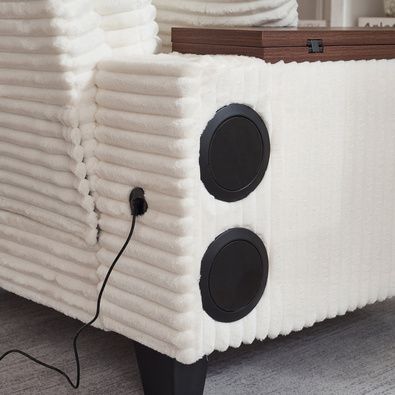 Corduroy Storage Armchair with Ottoman,Cup Holder,Bluetooth Speaker,USB Ports,180°Rotating Table Board, White