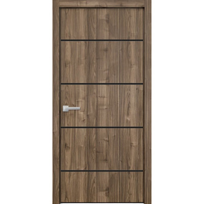 Porte intérieure moderne en bois pré-montée avec quincaillerie Planum 0015, panneau simple, cadre et moulures en noyer, portes robustes pour salle de bain et chambre à coucher - 71 cm x 213 cm