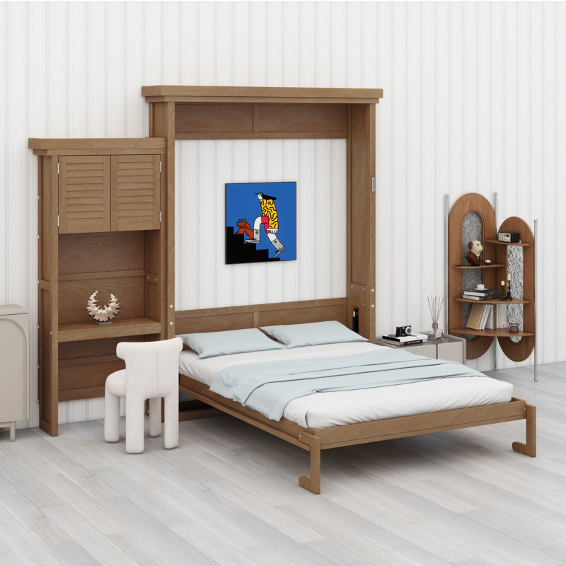Lit escamotable avec plusieurs tablettes de rangement et décoration à persiennes, Bois