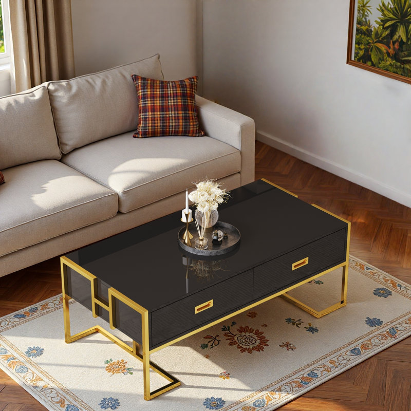 Table basse moderne moderne avec 4 tiroirs et base dorée, Black
