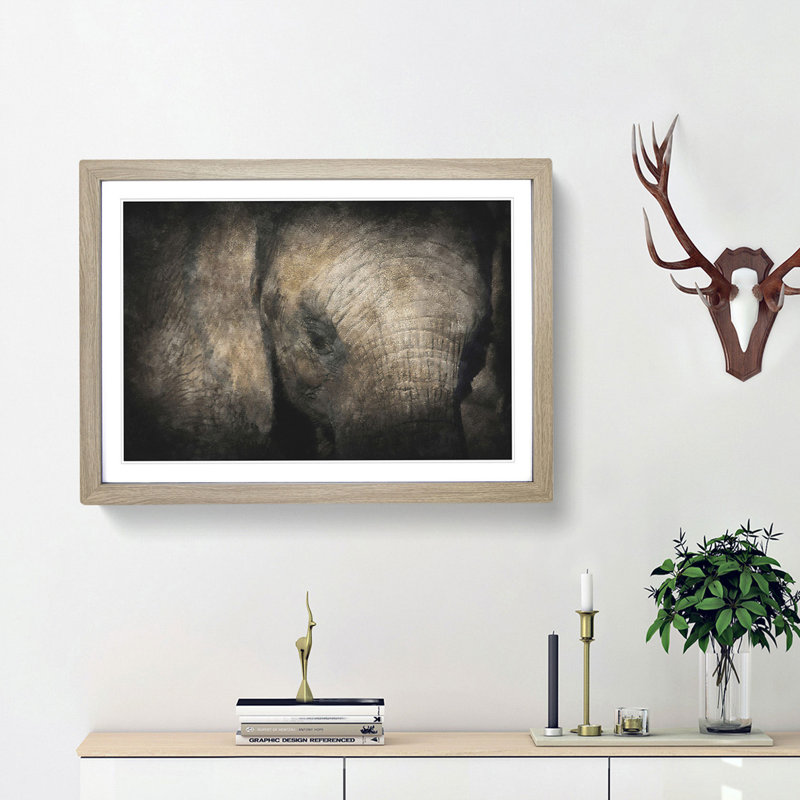 Gentle Elephant - Picture Frame Graphic Art Print, 24cm H x 33cm W x 2cm D, Oak Framed