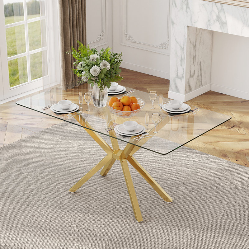 Table de salle à manger rectangulaire 47,24 "en verre trempé transparent, table de cuisine moderne à pieds en métal pour salle à manger