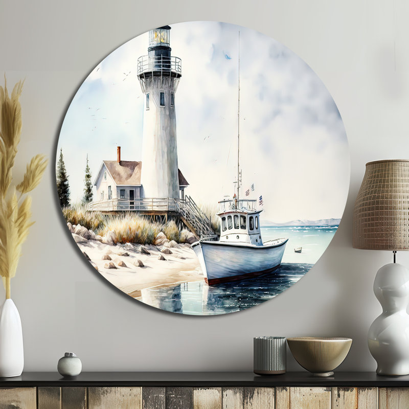 Bateau de pêche et phare I - plage, art en métal rond, H 36 po x l 36 po