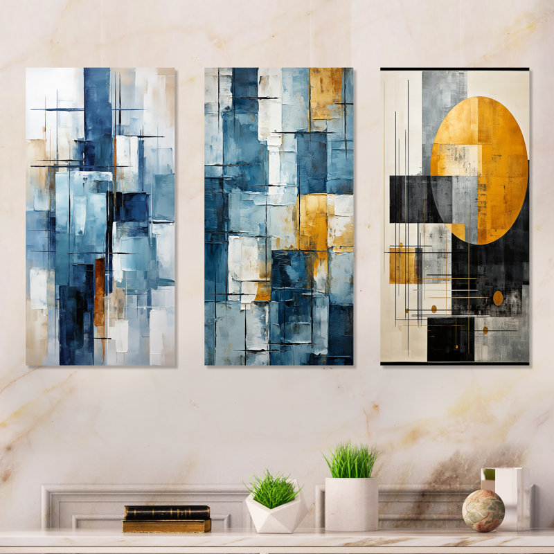 Cerulean Cubism Shapes - Abstract Shapes, ensemble de 3 reproductions d'art en métal, H 32 po x l 48 po