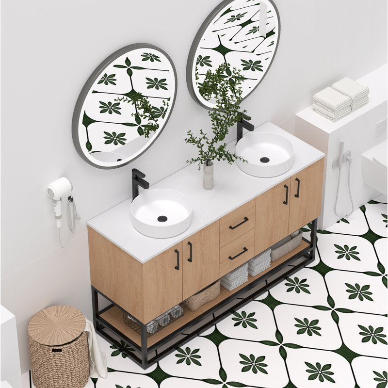 Ensemble de meuble-lavabo double 60 po avec lavabo et tablette inférieure ouverte 60 po