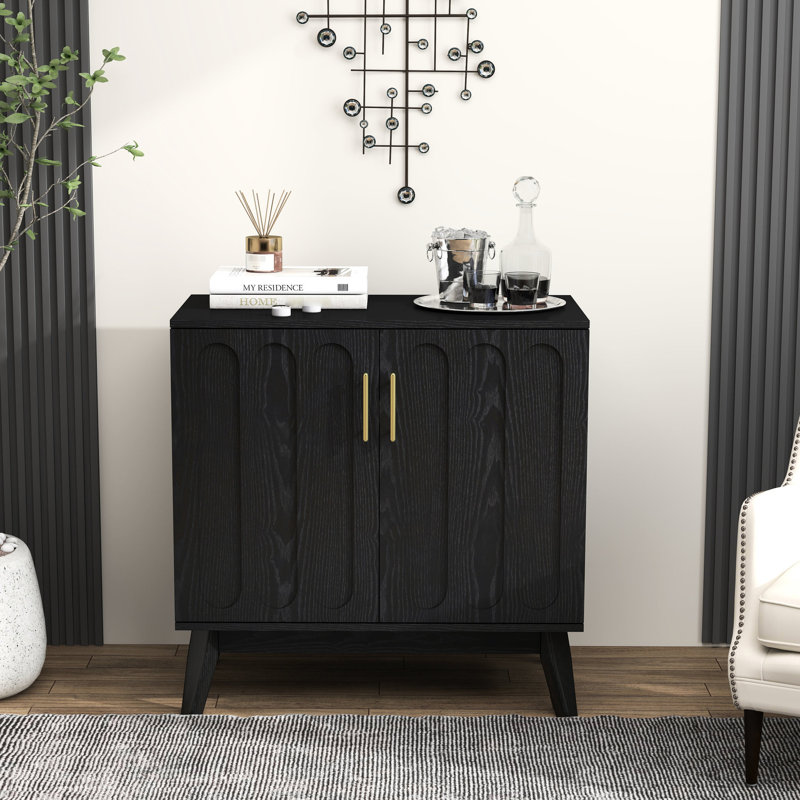 Armoire de rangement cannelée avec trou de sortie, pieds en bois massif et tablettes réglables - Commode de salle à manger