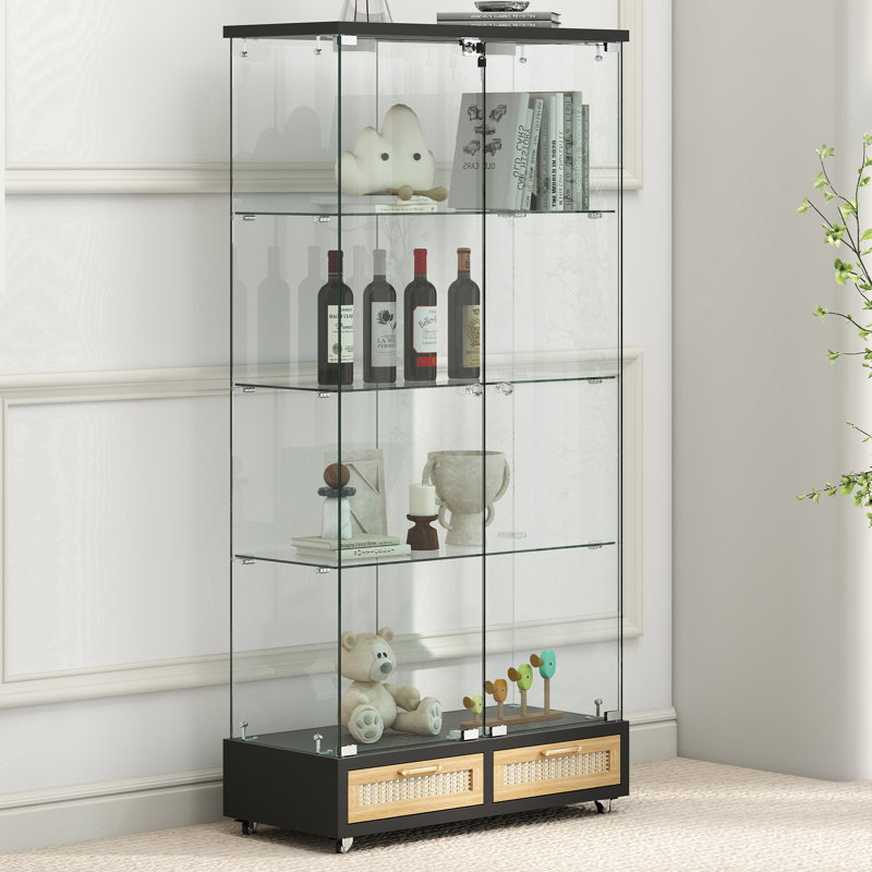 Modern Glass Display Cabinet With 4 Tempered Glass Bookshelf,natural, Black