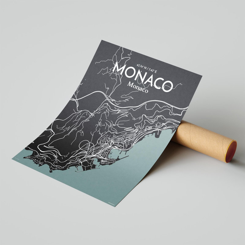 Monaco City Map, impression, Gris / noir, H 20 po x l 16 po
