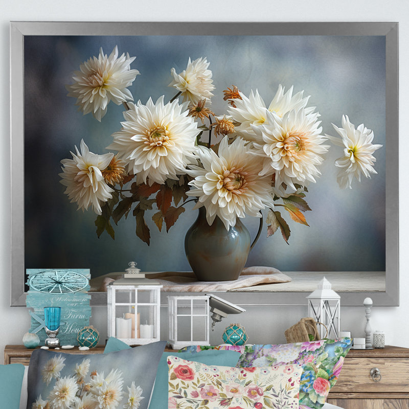 «White Mums Bouquet Still Life I - Mums», art mural sur toile, Cadre simple argenté, H 16 po x l 32 po x P 1 po