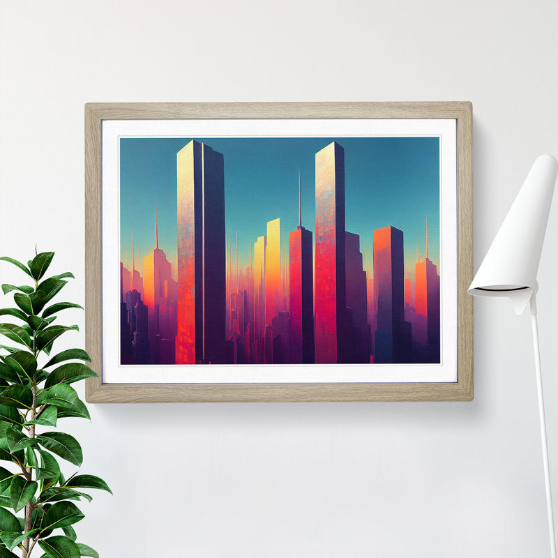 Glamorous City Skyline Architecture - Framed Print, 46cm H x 64cm W x 2cm D, Oak