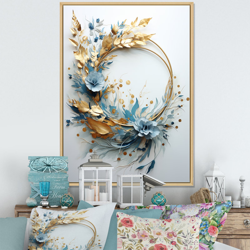 «Bold And Blue Wreath Simplicity I», reproduction sur toile, Black Picture Framed, 32" H x 16" W