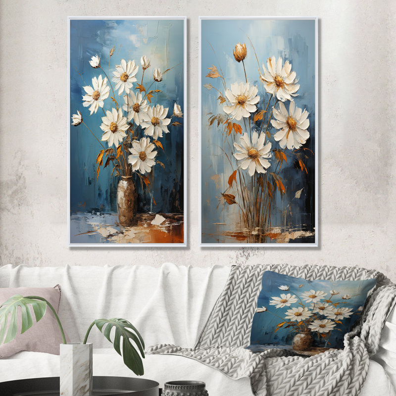 Bouquet de marguerites blanches - sérénité - ensemble de 2 impressions sur toile marguerites, Cadre blanc, H 28 po x l 25 po