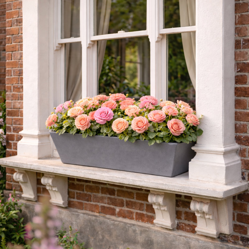 Bini Window Box, Contemporary Concrete Effect Plant Pot, Outdoor Windowsill Planter with Drainage Plug, Grey