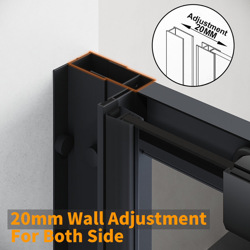 190*100*0.8cm, Safety Aluminum Framed Single-Sided Self-Cleaning Glass Shower Door with Side Panels, Black.