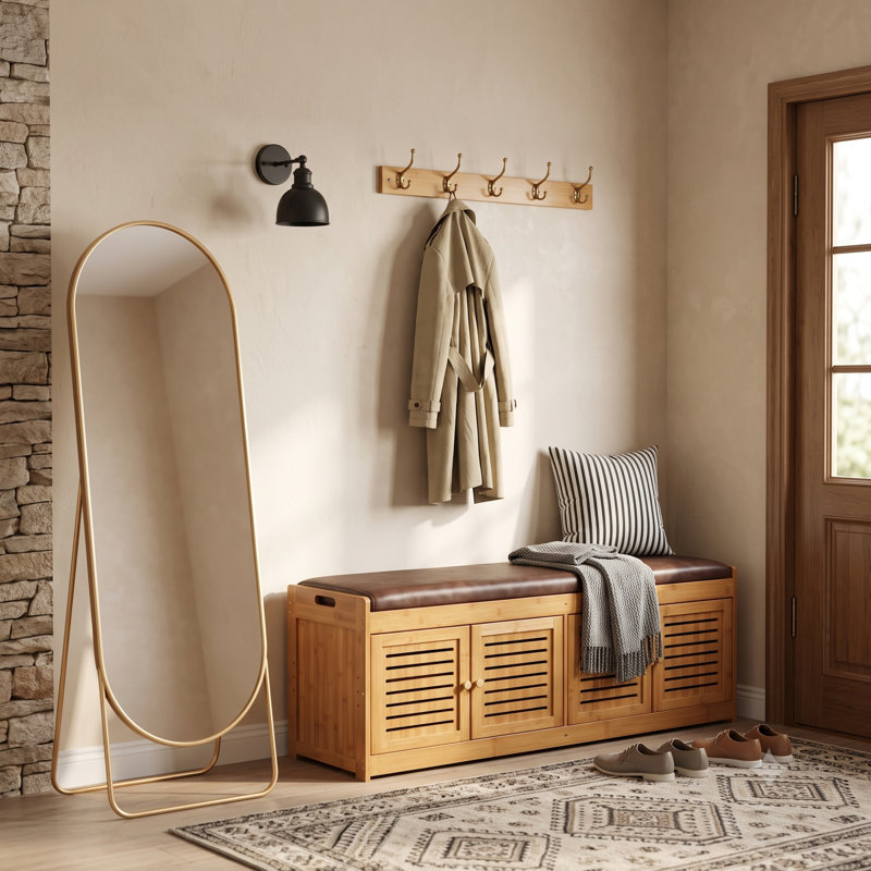 Inch Shoe Storage Bench, Bamboo Cabinet with Doors, Rustic Entryway Seat