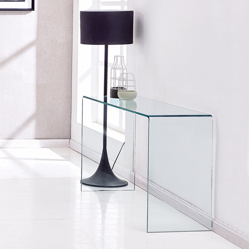 Console en verre, verre trempé transparent avec bureaux à bords arrondis, table de canapé