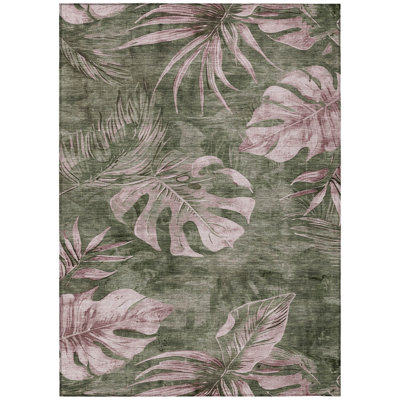 Machine Washable Indoor/Outdoor Xhevrie Olive Rug