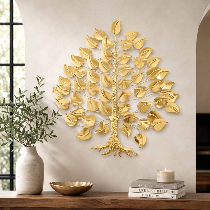 Grande sculpture murale en métal doré, arbre de vie moderne de 34 pouces, pour la maison ou le bureau