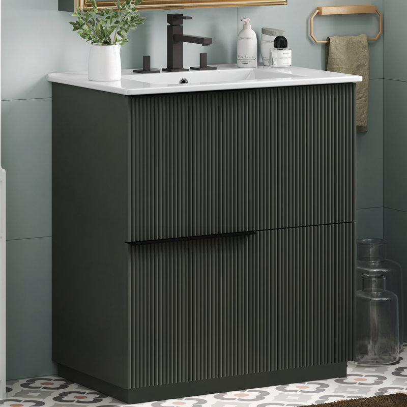 30" Bathroom Vanity with Ceramic Sink & Full-Extension Soft Close Undermount Drawers, Fluted Panel Design, Black Finish