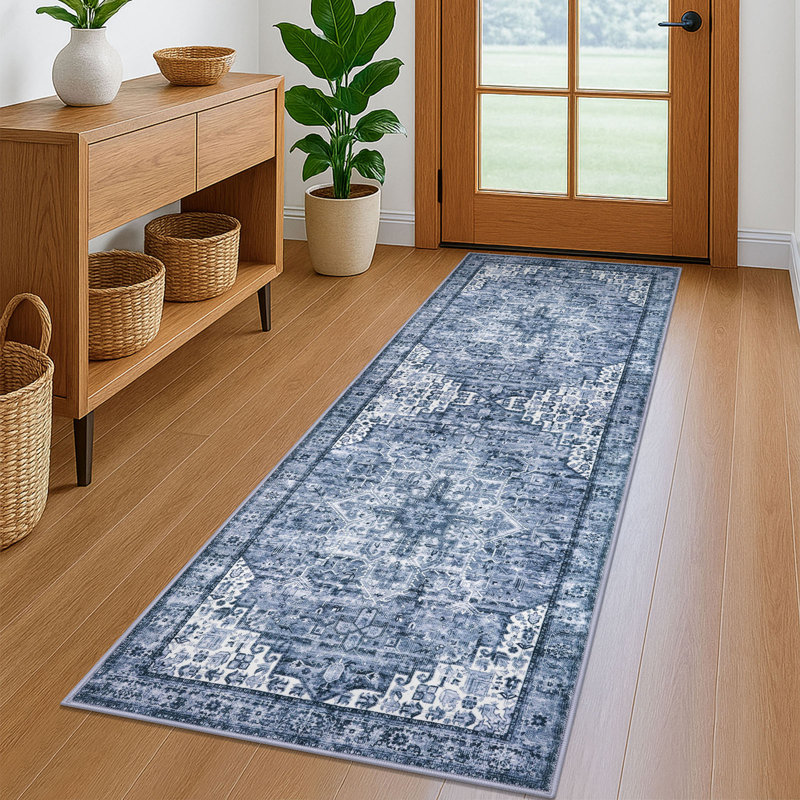 Soft Medallion Printed Rug With Non-Slip Backing Blue Area Rugs Living Room Bedroom Rugs, Runner 2' x 6'
