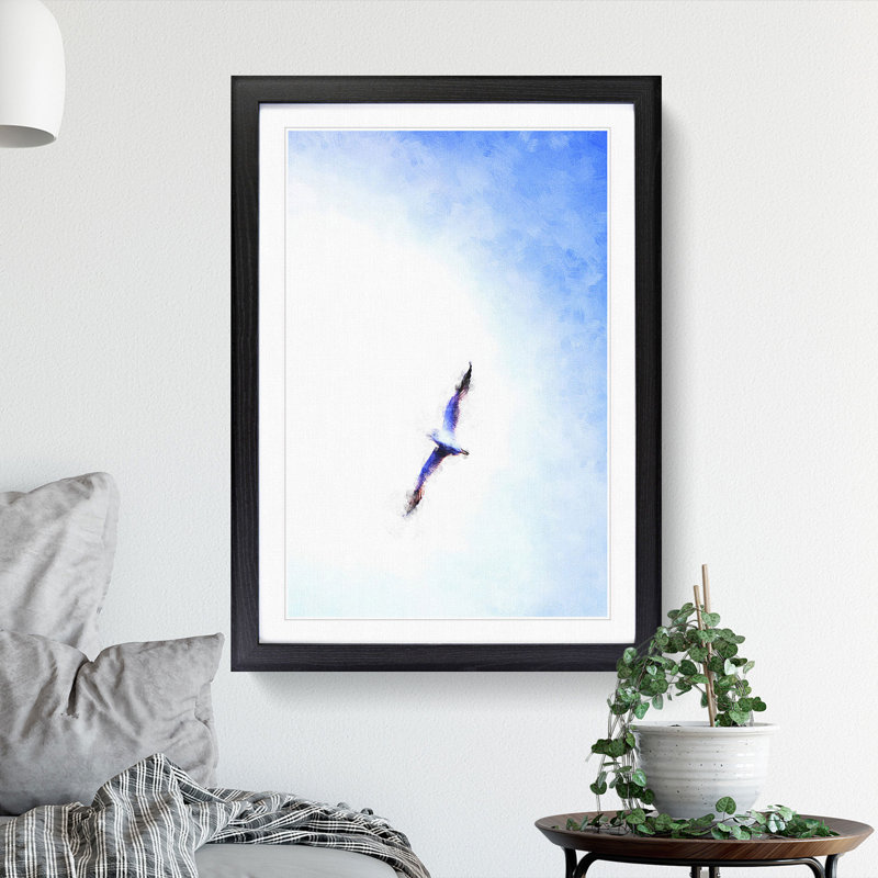 Flying Seagull Abstract - Picture Frame Painting Print, 87cm H x 62cm W x 2cm D, Black Framed