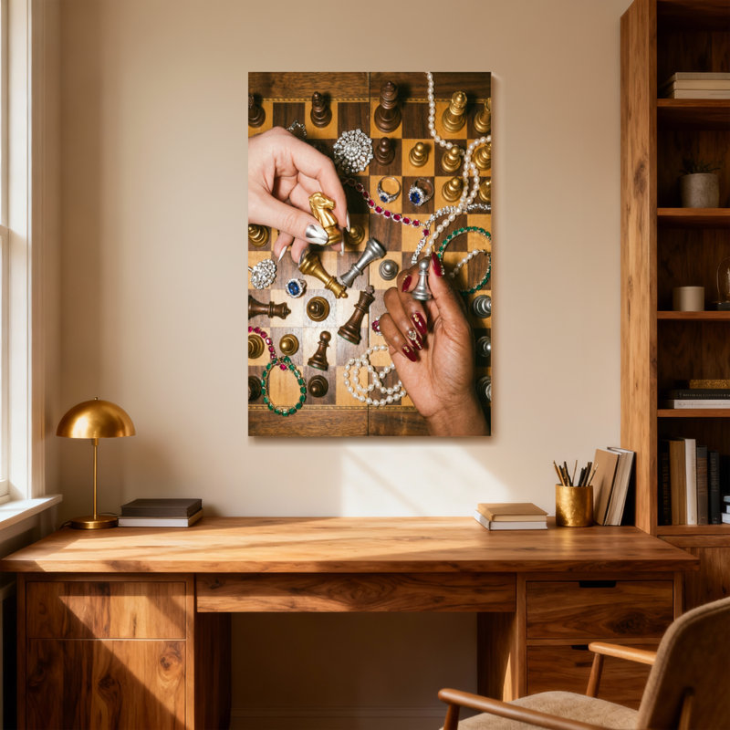 Échiquier tendance avec bijoux et mains, H 40 po x l 28 po
