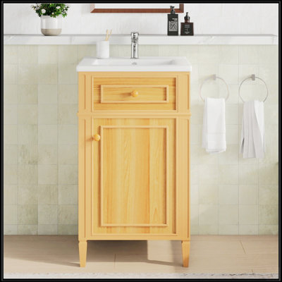 Meuble-lavabo en bois de 20 po avec lavabo, pieds en bois massif, tablette réglable, tiroir inclinable, poignées en bois, armoire autoportante moderne pour les petites salles de bain