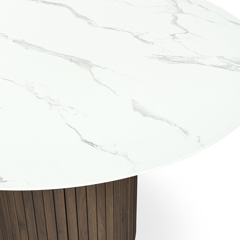 Arlo 120cm Round White Marble Dining Table, White Marble/Walnut