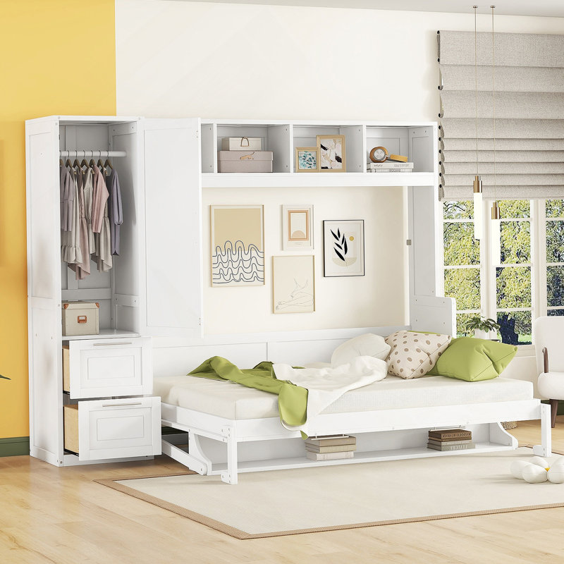 Grand lit escamotable mural avec placard et tiroirs, grand lit, blanc