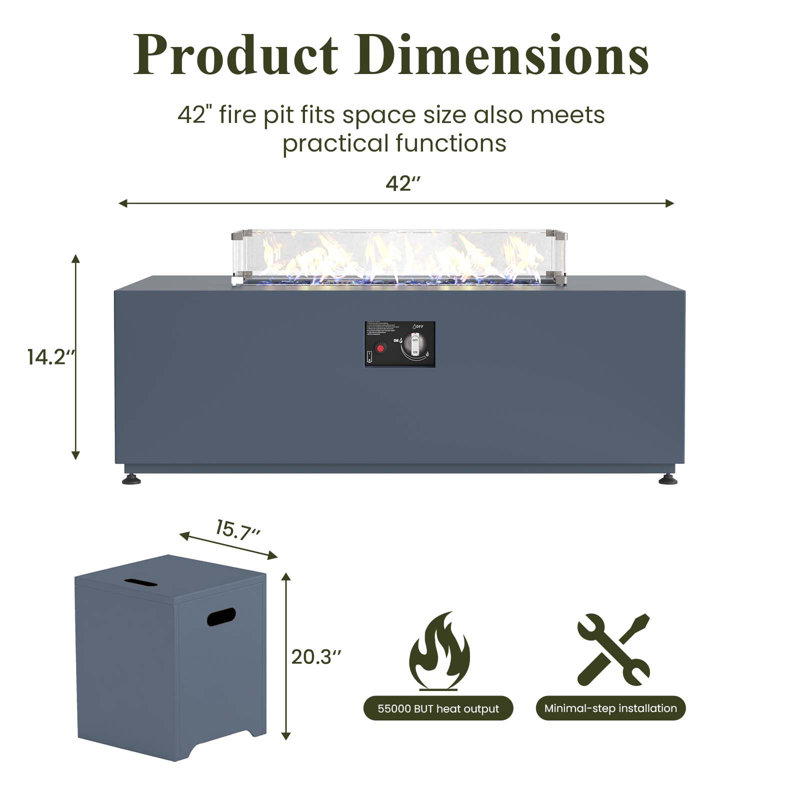  42" Rectangle Aluminum Propane Gas Smokeless Fire Pit Table with Hidden Fuel Tank, Grey