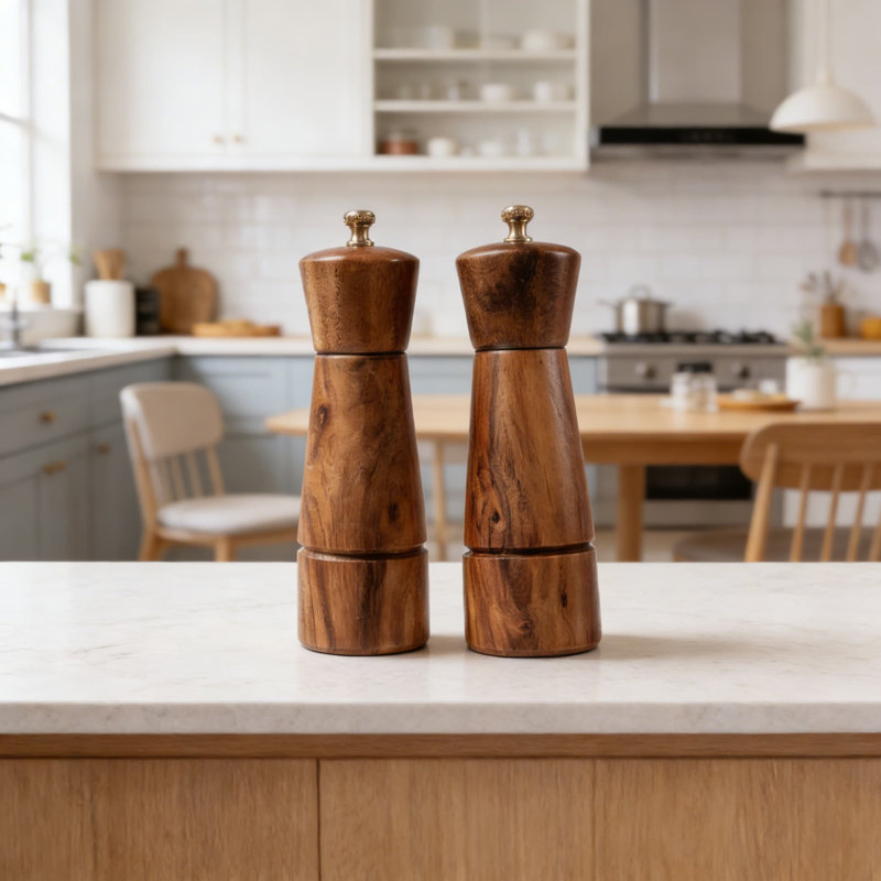 Ensemble de moulins à sel et à poivre en bois d'acacia avec plateau, moulins à céramique et en acier inoxydable réglables pour les épices fraîches, conception de table de cuisine élégante