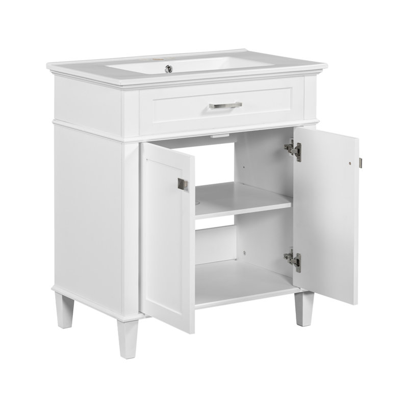 30-Inch White MDF Freestanding Bathroom Vanity with Ceramic Basin
