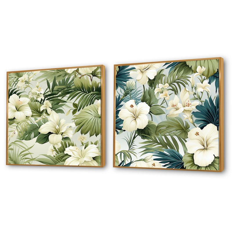 Neutral Oasis III - motif tropical - ensemble de 2 collages floraux carrés, Cadre flottant doré, H 30 po x l 61 po