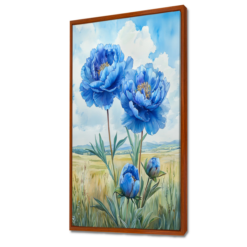 Océan bleu pivoines dans le champ III - pivoines, art mural sur toile, H 60 po x l 28 po, Reproduction avec cadre flottant
