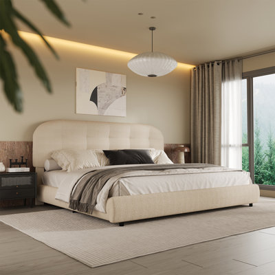 Boucle Upholstered Platform Bed with Headboard, Cloud Bed Frame, Soft Rounded Corners