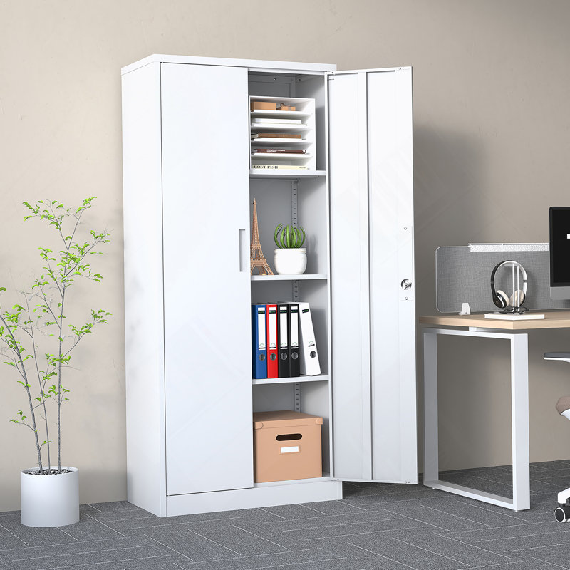 71"H Metal Garage Storage Cabinet, Tool Steel Locking Cabinet With Doors And 3 Adjustable Shelves, Tall Cabinets, White